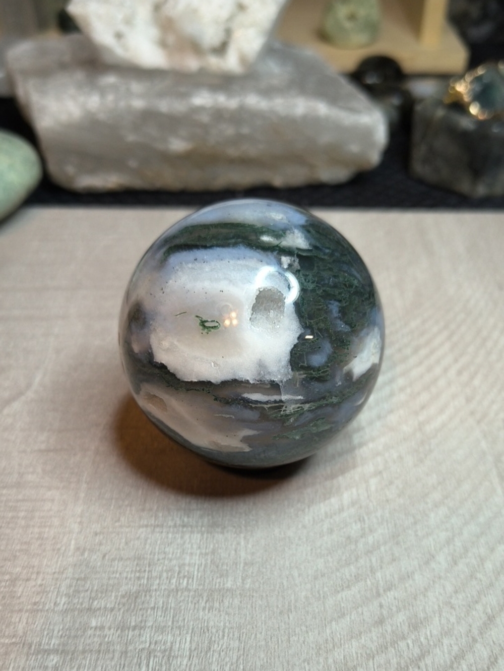 #44 Natural Moss Agate Sphere w/ Druzy Cave